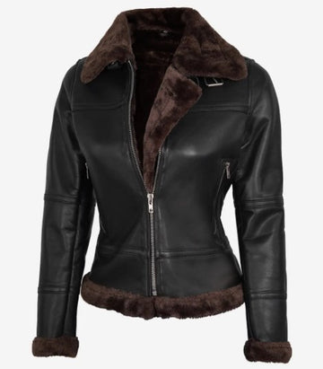 Women Real Leather Bomber Jacket with Faux Shearling, Female's Classic Belted Shearling Collar Leather Jacket