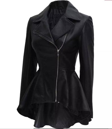 Women Peplum Leather Jacket, Female's Real Leather Jacket, Lapel Collar Peplum Leather Blazer