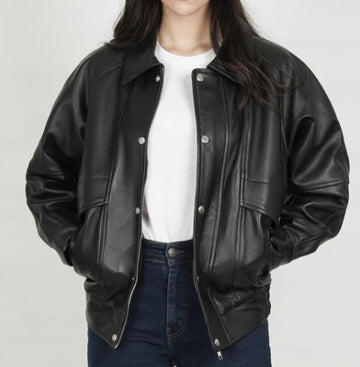 Women Oversized Bomber Leather Jacket, Female's Classic Real Lambskin Leather Jacket
