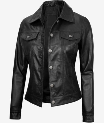 Women Four-Pocket Trucker Leather Jacket, Female's Classic Shirt Style Real Lambskin Leather Jacket