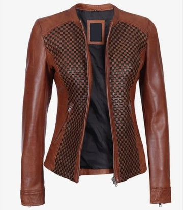 Women Genuine Leather Jacket, Female's Mandarin Collar Leather Jacket, Check Pattern Leather Jacket