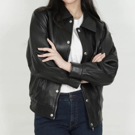 Women Oversized Bomber Leather Jacket, Female's Classic Real Lambskin Leather Jacket