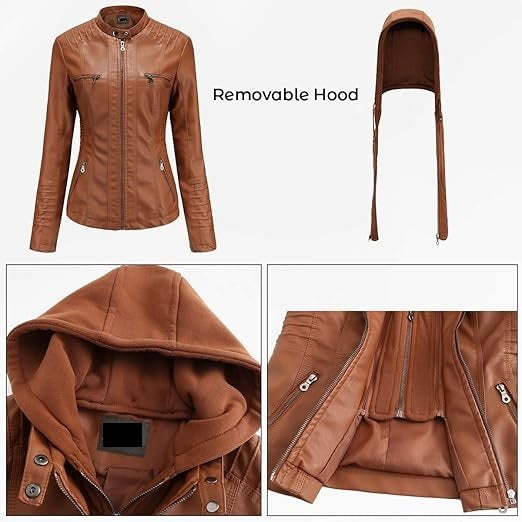 Detachable Hood Women's Real Leather Jacket - Classic Biker Style, Moto Chic Design