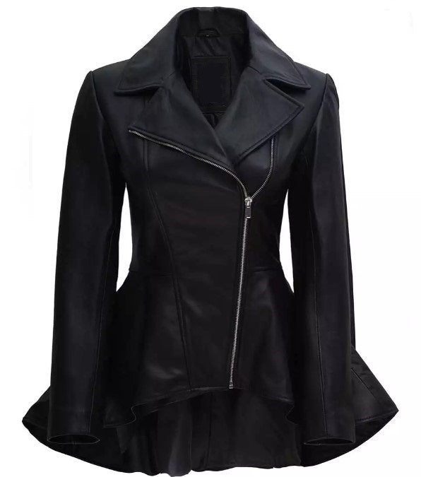 Women Peplum Leather Jacket, Female's Real Leather Jacket, Lapel Collar Peplum Leather Blazer