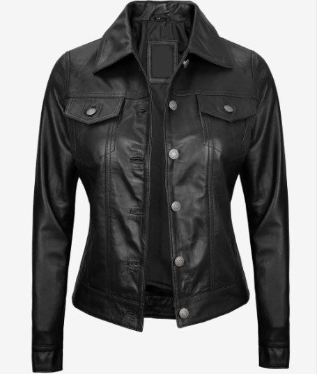 Women Four-Pocket Trucker Leather Jacket, Female's Classic Shirt Style Real Lambskin Leather Jacket