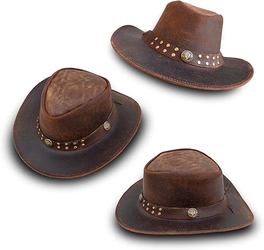 100% Real Leather Cowboy Hat | Handmade Western Style Unisex Leather Hat - Felt Studded Steampunk Hat