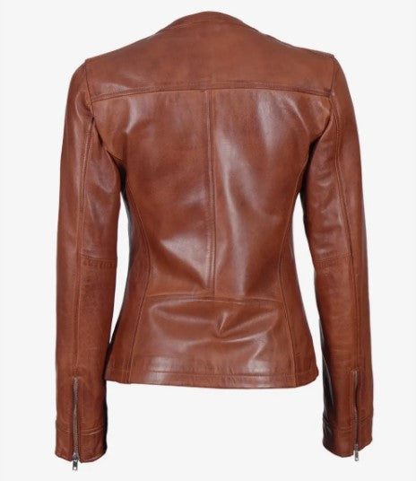 Women Genuine Leather Jacket, Female's Mandarin Collar Leather Jacket, Check Pattern Leather Jacket