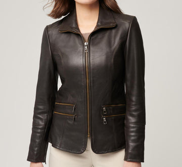 Women Unique Style Real Leather Jacket, Female's Classic Leather Moto Racer Jacket - Business Style Jacket