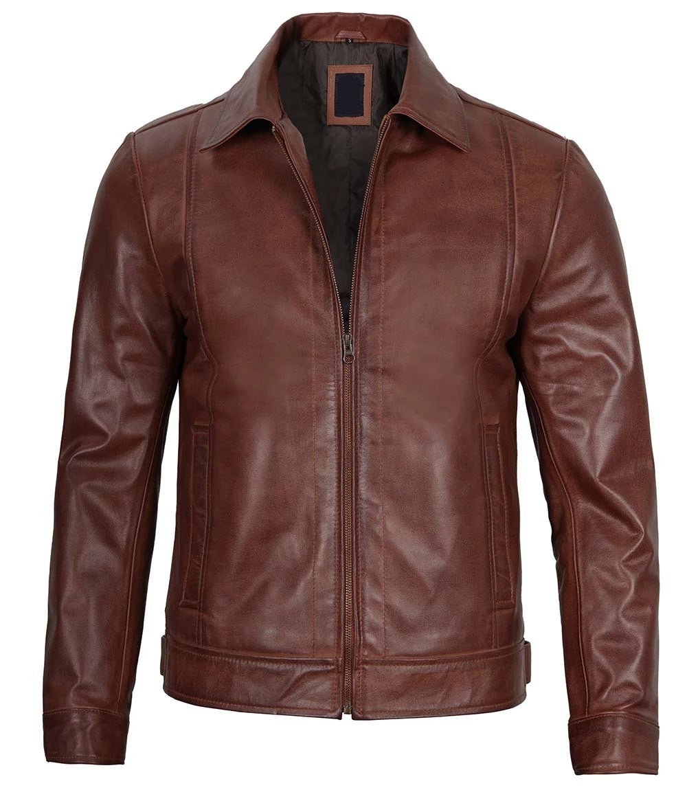 Men's Brown Leather Jacket - Classic Biker Style, Genuine Leather, Casual Outerwear for All Seasons and Occasions