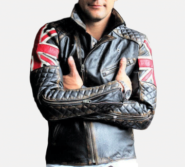Men's Distressed Leather Jacket - Genuine Full Grain Leather Motorcycle Jacket - Authentic UK Flag Leather Jacket