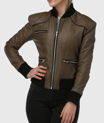 Women Genuine Leather Jacket, Female's Olive Brown Bomber Leather Jacket, Rib Knitted Collar Jacket