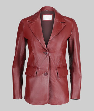 Women Genuine Leather Blazer Jacket, Female's Maroon Two Button Leather Blazer Coat, Lapel Collar Jacket