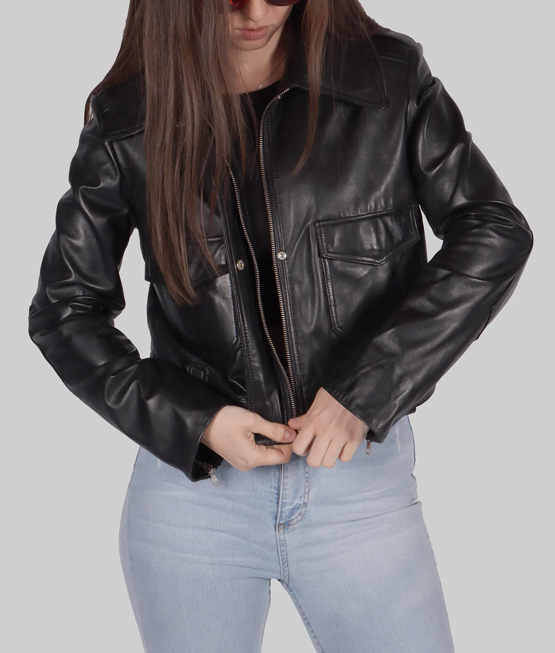 Women Genuine Leather Jacket, Long Sleeve, Turndown Collar - Zip Up Trendy Female Leather Jacket