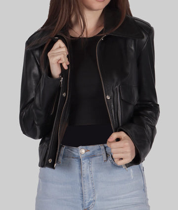 Women Genuine Leather Jacket, Long Sleeve, Turndown Collar - Zip Up Trendy Female Leather Jacket