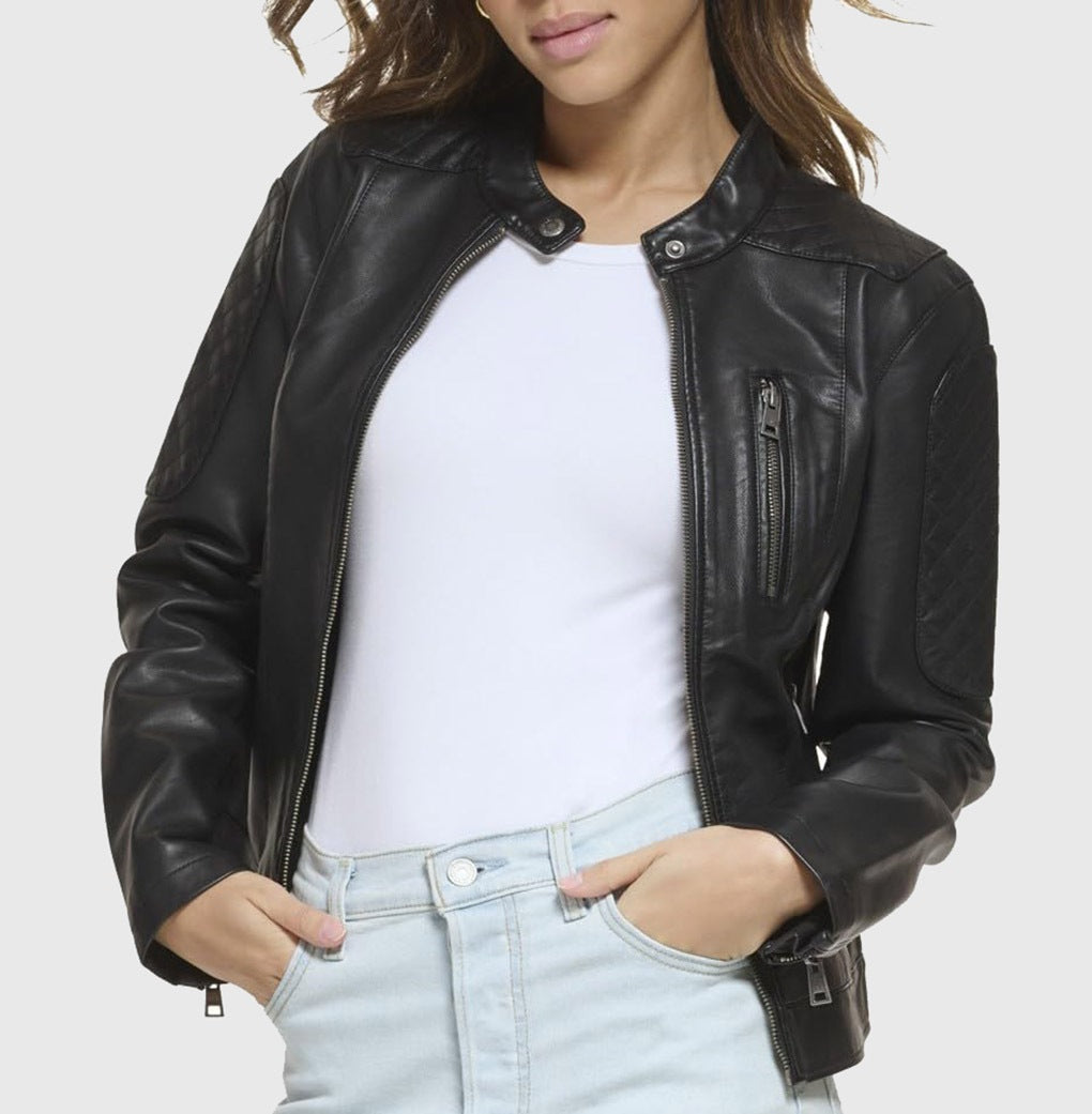Women Genuine Leather Jacket, Quilted Moto Cafe Racer Female Leather Jacket, Stand UP Collar Jacket