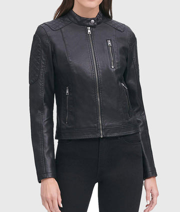 Women Genuine Leather Jacket, Quilted Moto Cafe Racer Female Leather Jacket, Stand UP Collar Jacket