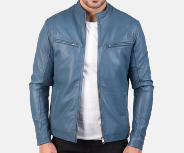 Men's Motorcycle Ionic Blue Leather Jacket - Genuine Lambskin Leather Cafe Racer Jacket - Casual Biker Jacket