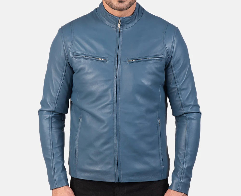 Men's Motorcycle Ionic Blue Leather Jacket - Genuine Lambskin Leather Cafe Racer Jacket - Casual Biker Jacket