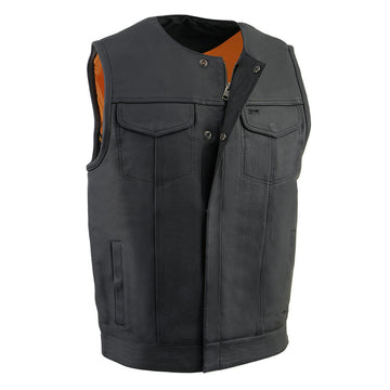 Collarless Snap/Zipper Club Style Motorcycle Leather Vest - Men's Real Leather Vest - Stylish Casual Outfit