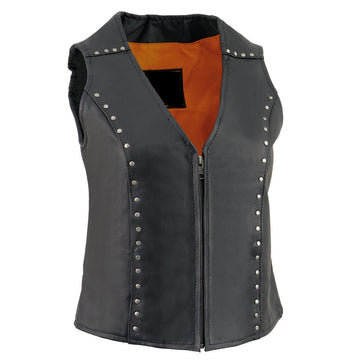 Women's Classic Motorcycle Leather Vest with Studding Details - Real Lambskin Leather Vest for Females, Ladies Biker Vest