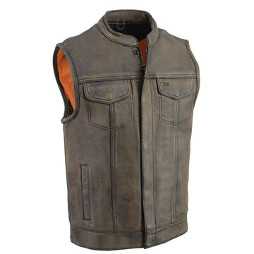 Men's Premium Club Style Leather Vest - Dual Closure Open Neck Motorcycle Vest - Real Leather Biker Vest