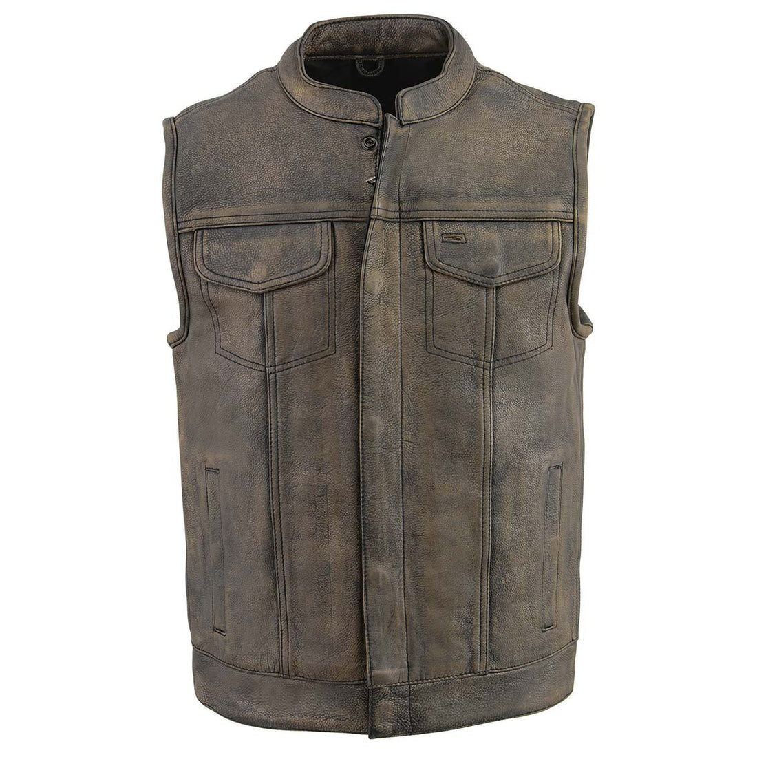 Men's Premium Club Style Leather Vest - Dual Closure Open Neck Motorcycle Vest - Real Leather Biker Vest