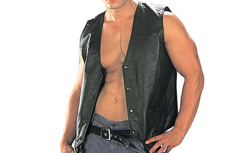 'Classy' Leather Motorcycle Rider Vest with Snap Button Closure - Biker V-Shape Neck Waistcoat