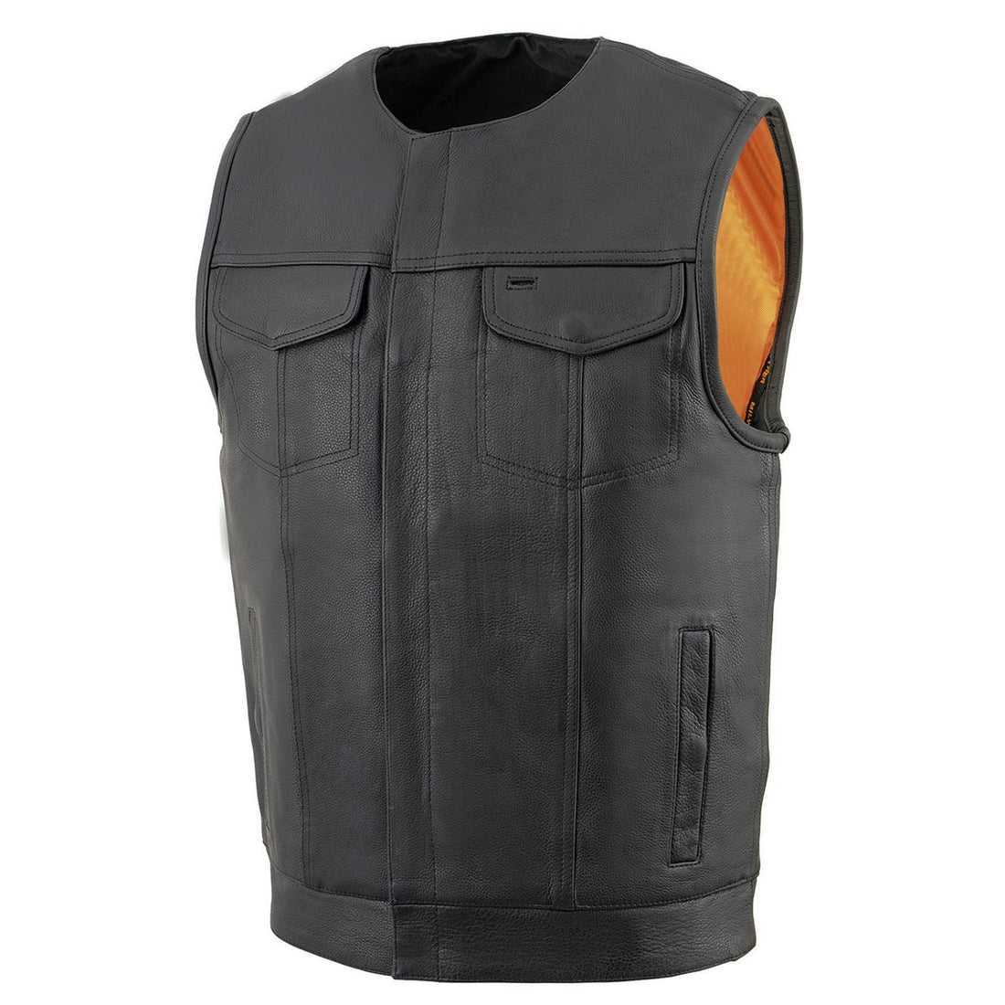 Collarless Snap/Zipper Club Style Motorcycle Leather Vest - Men's Real Leather Vest - Stylish Casual Outfit