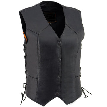 Women's Classic Side Laces Western Motorcycle Rider Leather Vest - Real Lambskin Leather Vest for Females, Classic Biker Vest