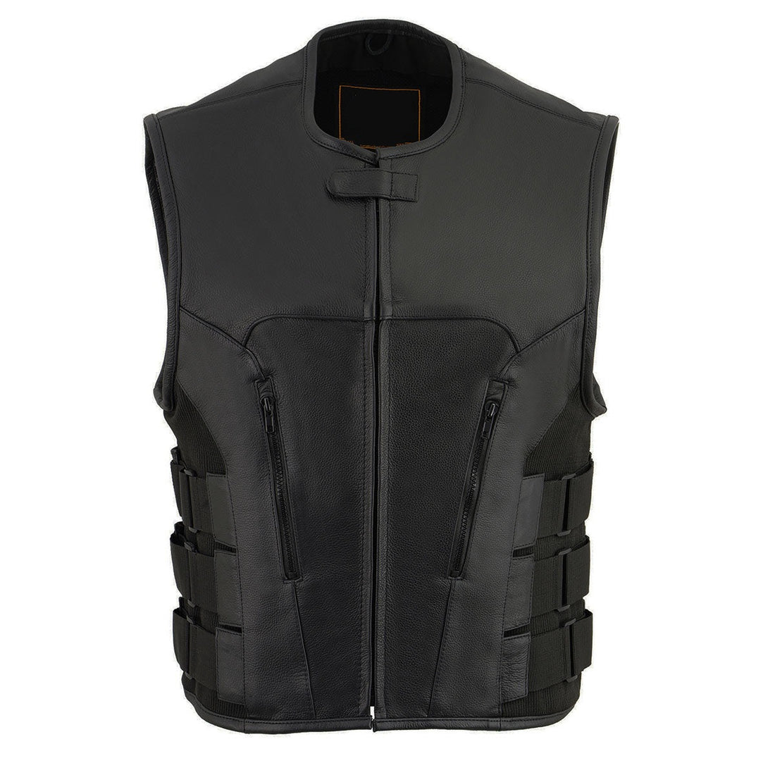 Men's Swat Style Rider Leather Vest - Round Collarless Biker Vest - Real Leather Waistcoat