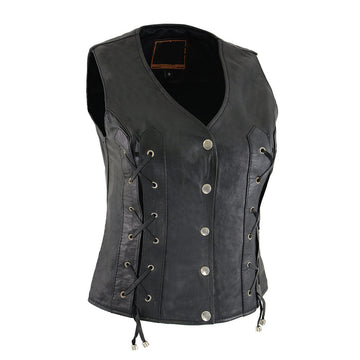 Women's Classic Western Motorcycle Rider Leather Vest with Front Laces - Real Lambskin Leather Vest for Females, Ladies Biker Vest