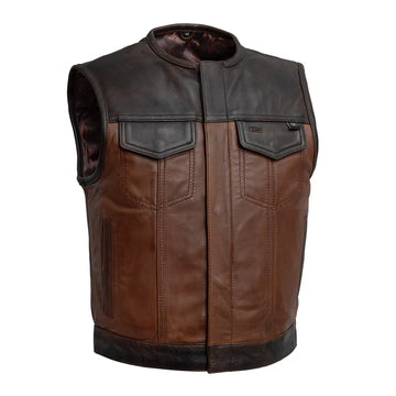 Men's Motorcycle Leather Vest - Western Style Biker Vest - Classic banded collar Real Leather Waistcoat