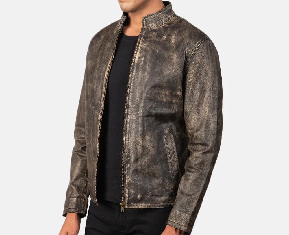 Men's Motorcycle Distressed Brown Leather Jacket - Genuine Lambskin Leather Cafe Racer Jacket - Casual Biker Jacket