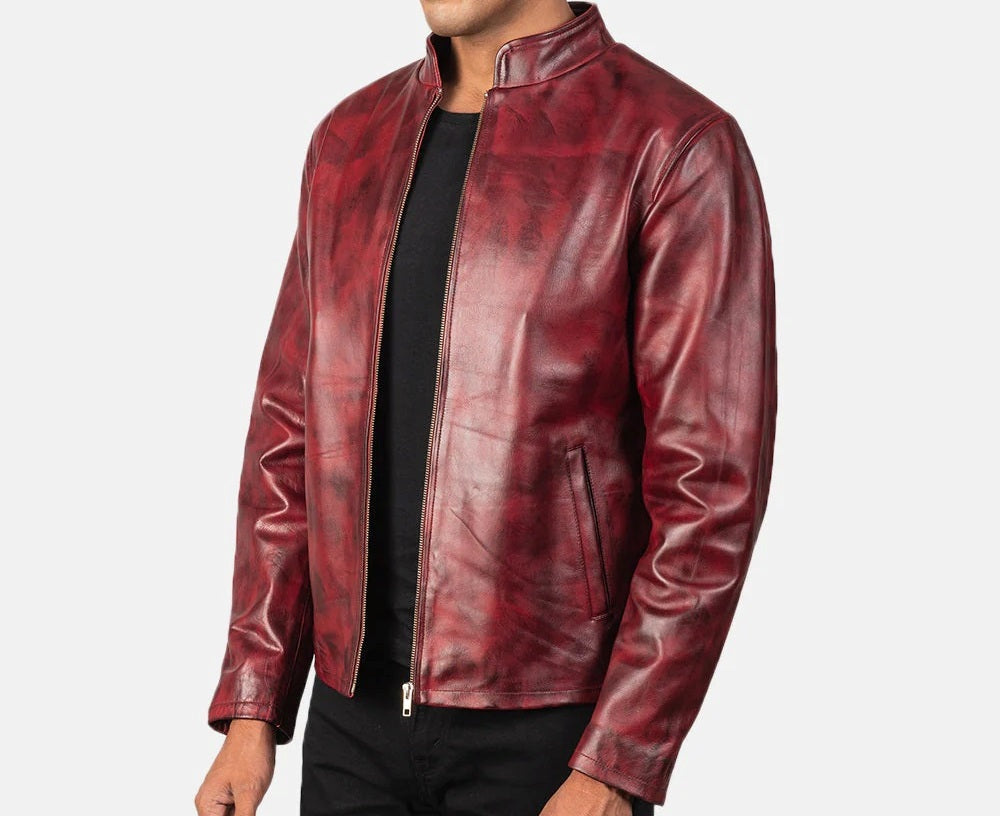 Men's Motorcycle Distressed Burgundy Leather Jacket - Genuine Lambskin Leather Cafe Racer Jacket - Casual Biker Jacket