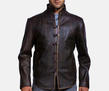 Men's Motorcycle Distressed Brown Leather Jacket - Genuine Lambskin Leather Cafe Racer Jacket - Biker Band Collar Jacket