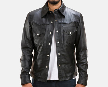 Men's Motorcycle Shirt Style Leather Jacket - Genuine Lambskin Leather Cafe Racer Button Style Jacket - Casual Biker Jacket