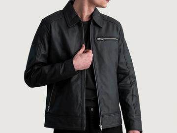 Men's Motorcycle Shirt Style Black Leather Jacket - Real Lambskin Leather Cafe Racer Jacket - Casual Biker Jacket