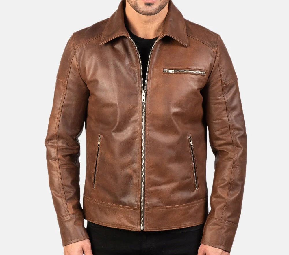 Men's Motorcycle Shirt Style Brown Leather Jacket - Real Lambskin Leather Cafe Racer Jacket - Casual Biker Jacket