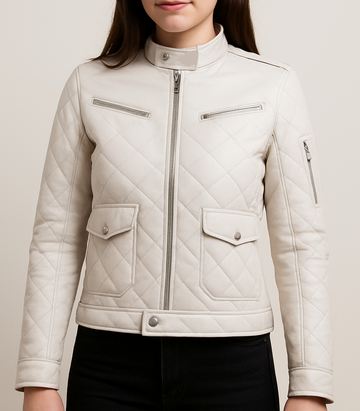 Women White Real Leather Puffer Jacket, Female's Classic Leather Moto Racer Jacket