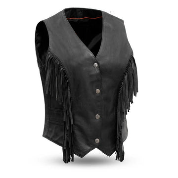 Women's Classic Motorcycle Fringe Style Leather Vest - Real Lambskin Leather Vest for Females, Ladies Biker Vest