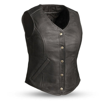 Women's Motorcycle V-Neck Snap Down Style Leather Vest - Real Lambskin Leather Vest for Females, Ladies Biker Vest