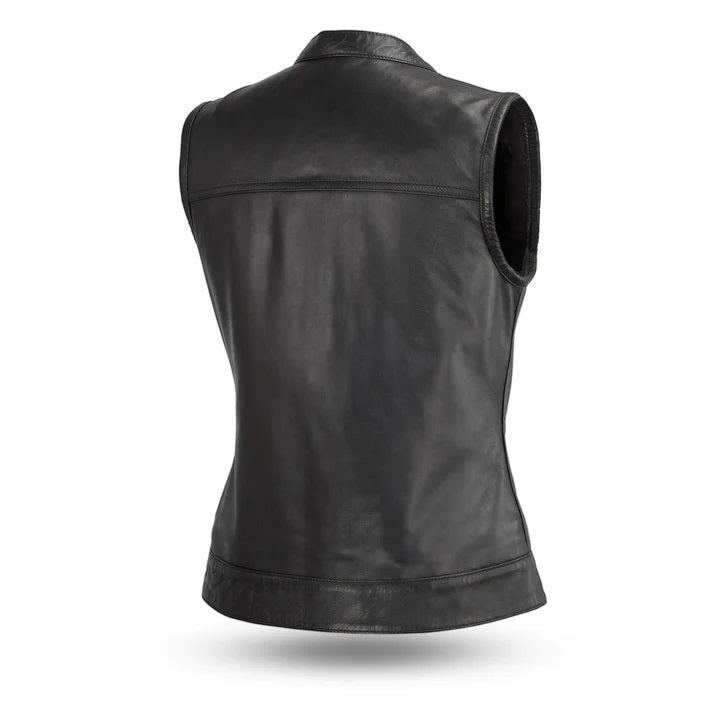 Women's Classic Motorcycle Club Style Leather Vest - Real Lambskin Leather Vest for Females, Ladies Biker Vest