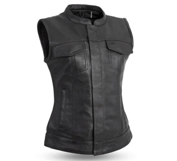 Women's Classic Motorcycle Club Style Leather Vest - Real Lambskin Leather Vest for Females, Ladies Biker Vest