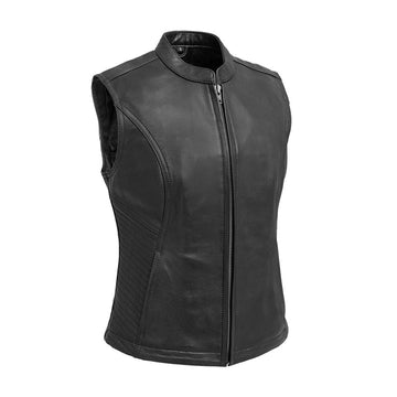 Women's Classic Motorcycle Leather Vest - Real Lambskin Leather Vest for Females, Ladies Biker Vest