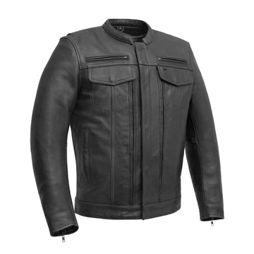 Men's Black Biker Leather Jacket - Genuine Full Grain Leather Cafe Racer Jacket - Motorcycle Jacket