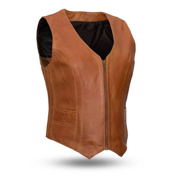 Women's Classic Motorcycle Western Style Leather Vest - Real Lambskin Leather Vest for Females, Ladies Biker Vest