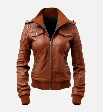 Women Real Leather Brown Bomber Jacket, Female's Classic Shirt Style Leather Jacket