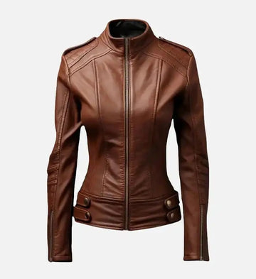 Women Brown Real Leather Biker Jacket, Female's Classic Leather Moto Racer Jacket - Stand-up collar Jacket