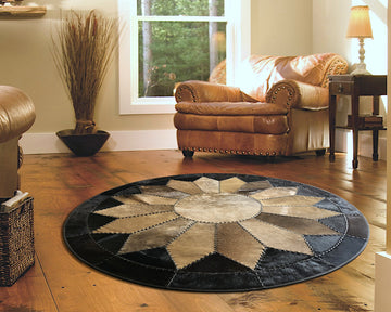 Premium Handmade Natural Cowhide Floor Covering, Patchwork Perfection | Hair on Carpet with Leather Braided Work | PR108
