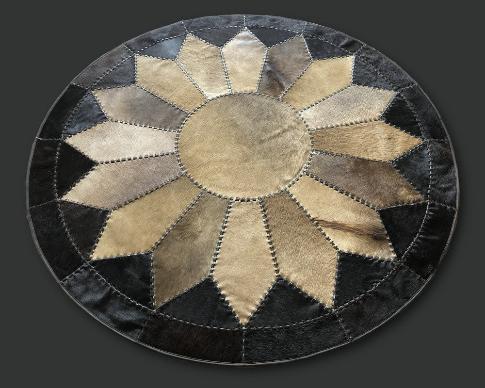 Premium Handmade Natural Cowhide Floor Covering, Patchwork Perfection | Hair on Carpet with Leather Braided Work | PR108